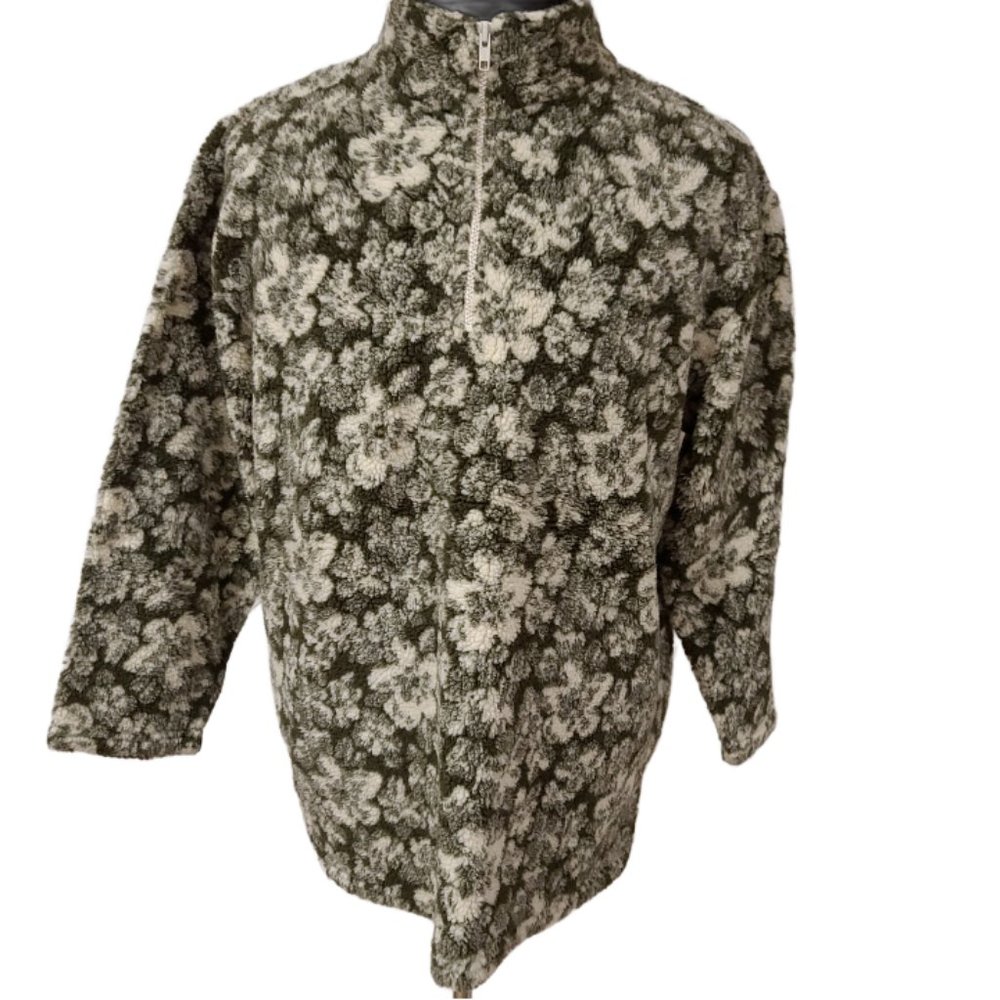 Crossroads Large Grey Multicolor Floral 1/4 Zip Pullover Sherpa Sweatshirt USA